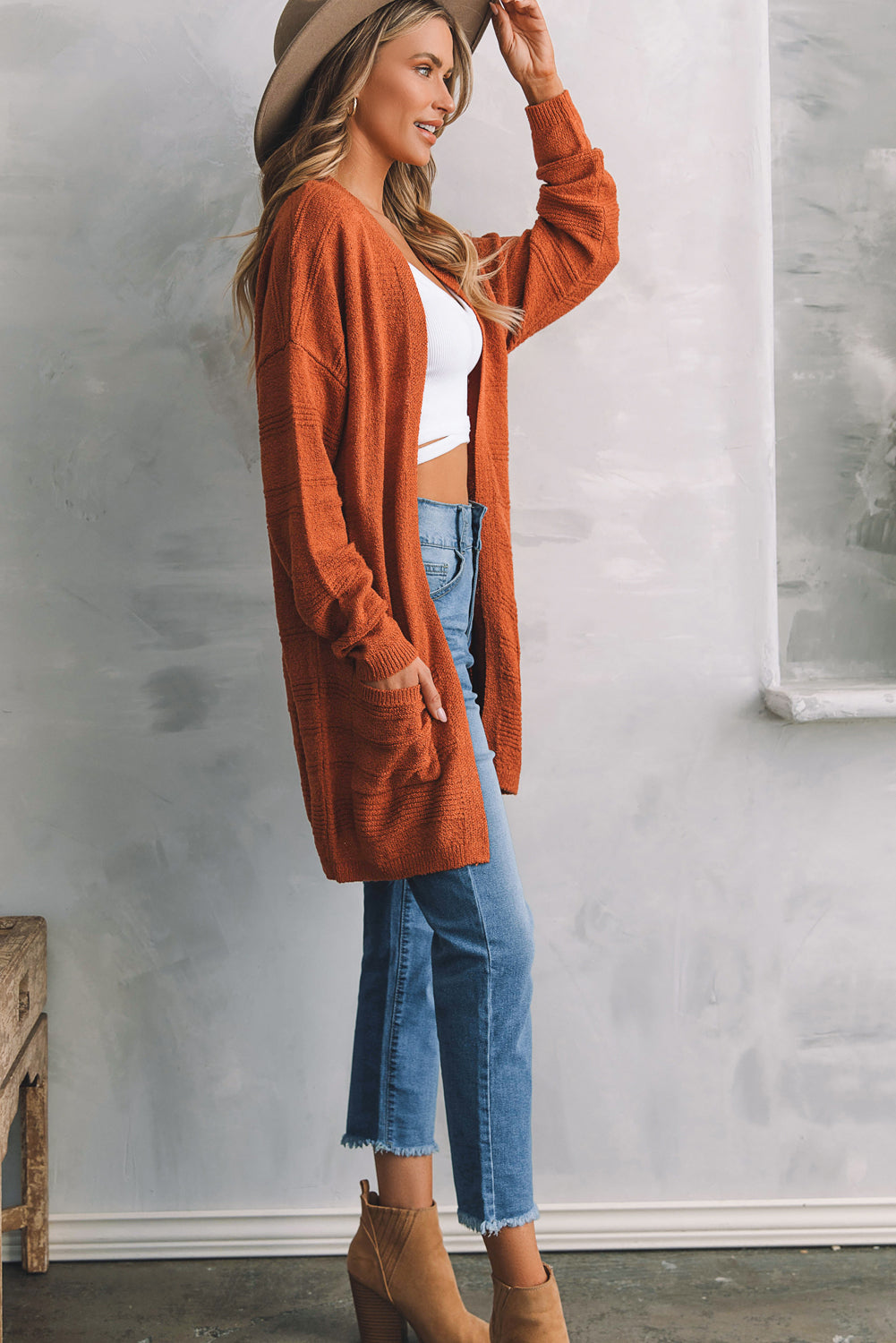 Maxct &Open Front Textured Cardigan with Pockets