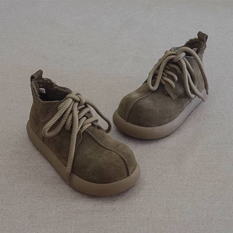 Winter Warm Leather Sueded Wide Toe Plush Lace-Up Boots