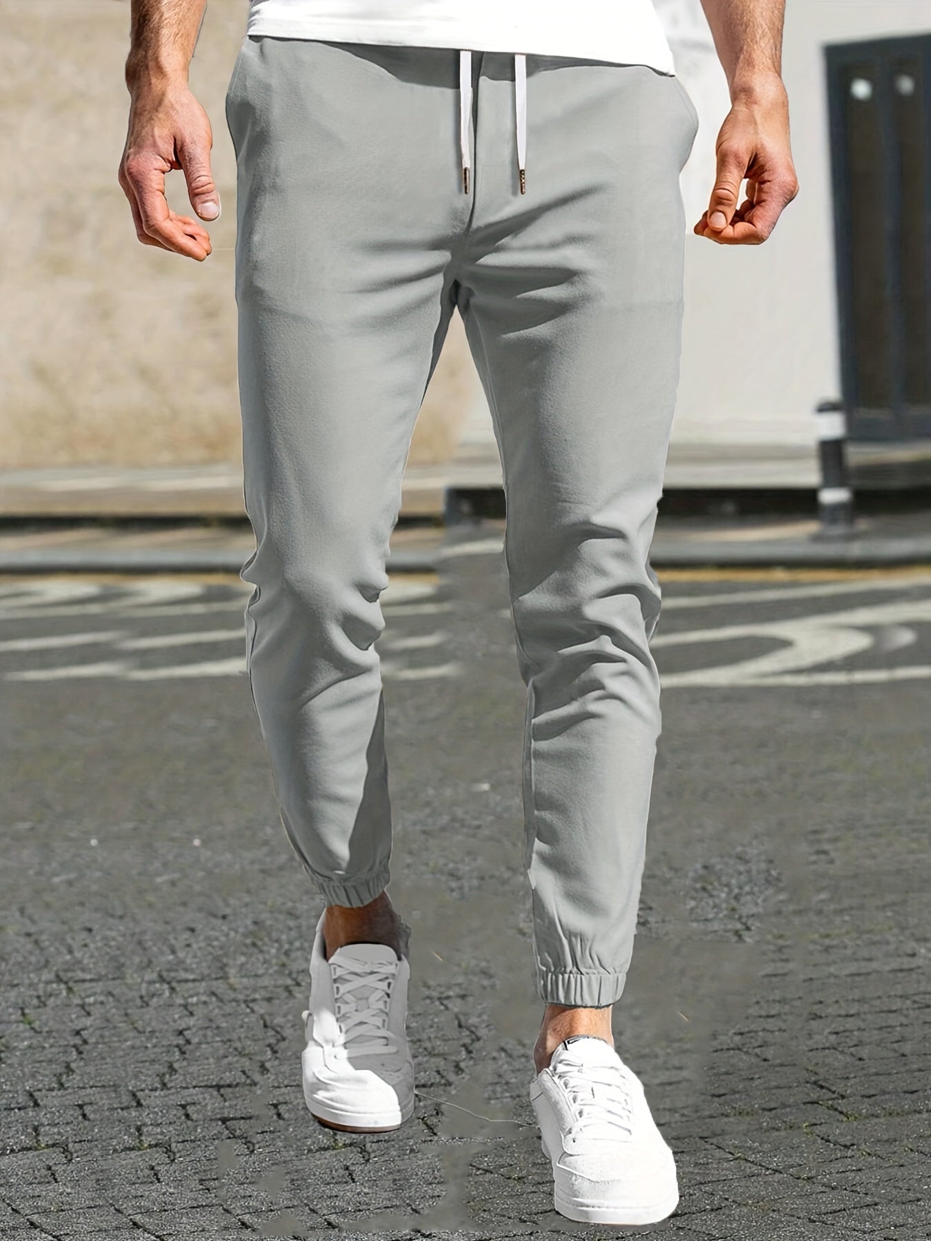 Maxct  Slim Pockets Classic  Trousers, Men's Casual Solid Color Lace-up Pants For Spring And Autumn