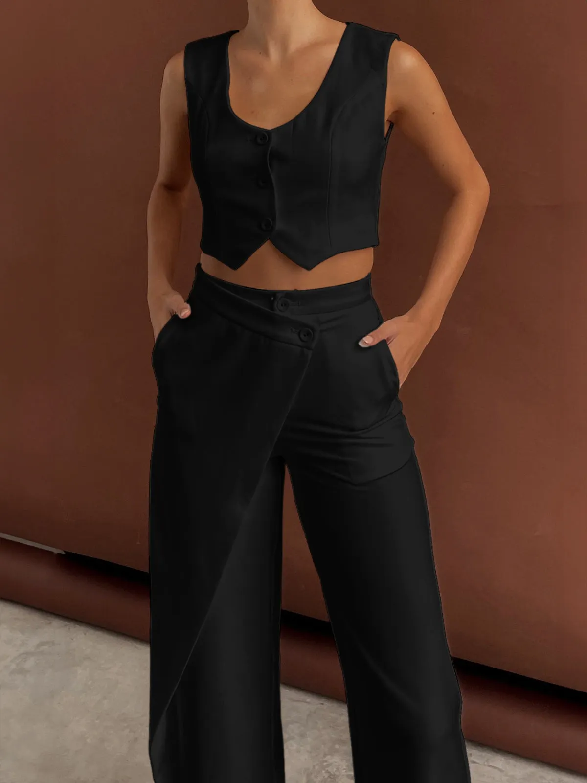 Maxct Solid  Asymmetrical Straight Leg Pants Set