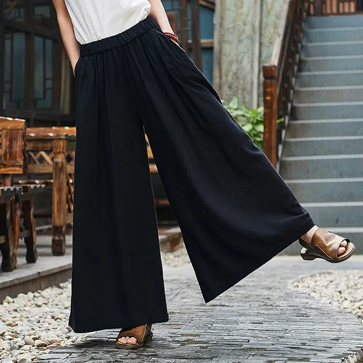 Women Linen Flowy High Elastic Waisted Wide-Leg Pants