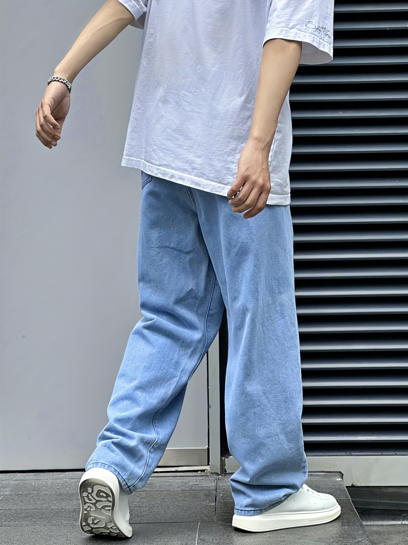 Classic Design Wide Leg Jeans, Men's Casual Street Style Solid Color Denim Pants For Spring Summer