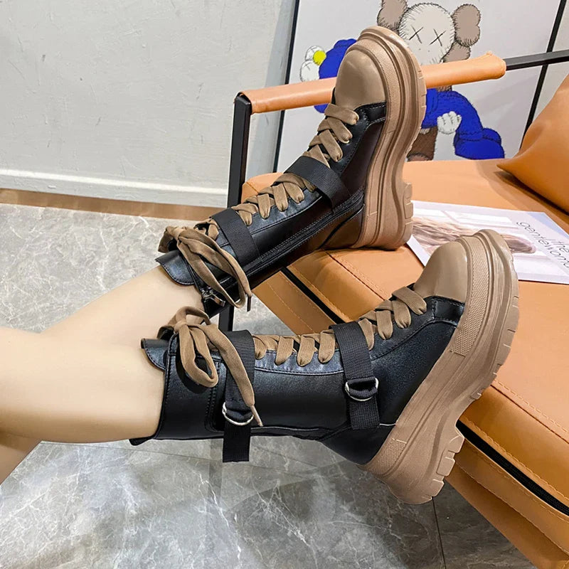Platform Boots PU Leather Mid-Calf Combat for Women Maxct