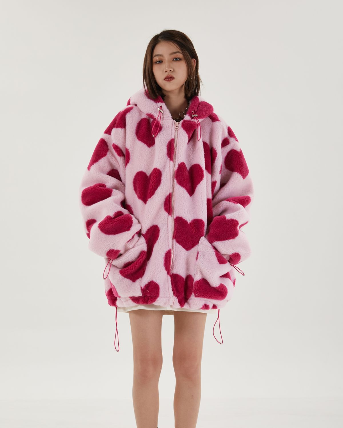 Student Hooded Cotton Women's Hearts Print Fur Jacket - true deals club