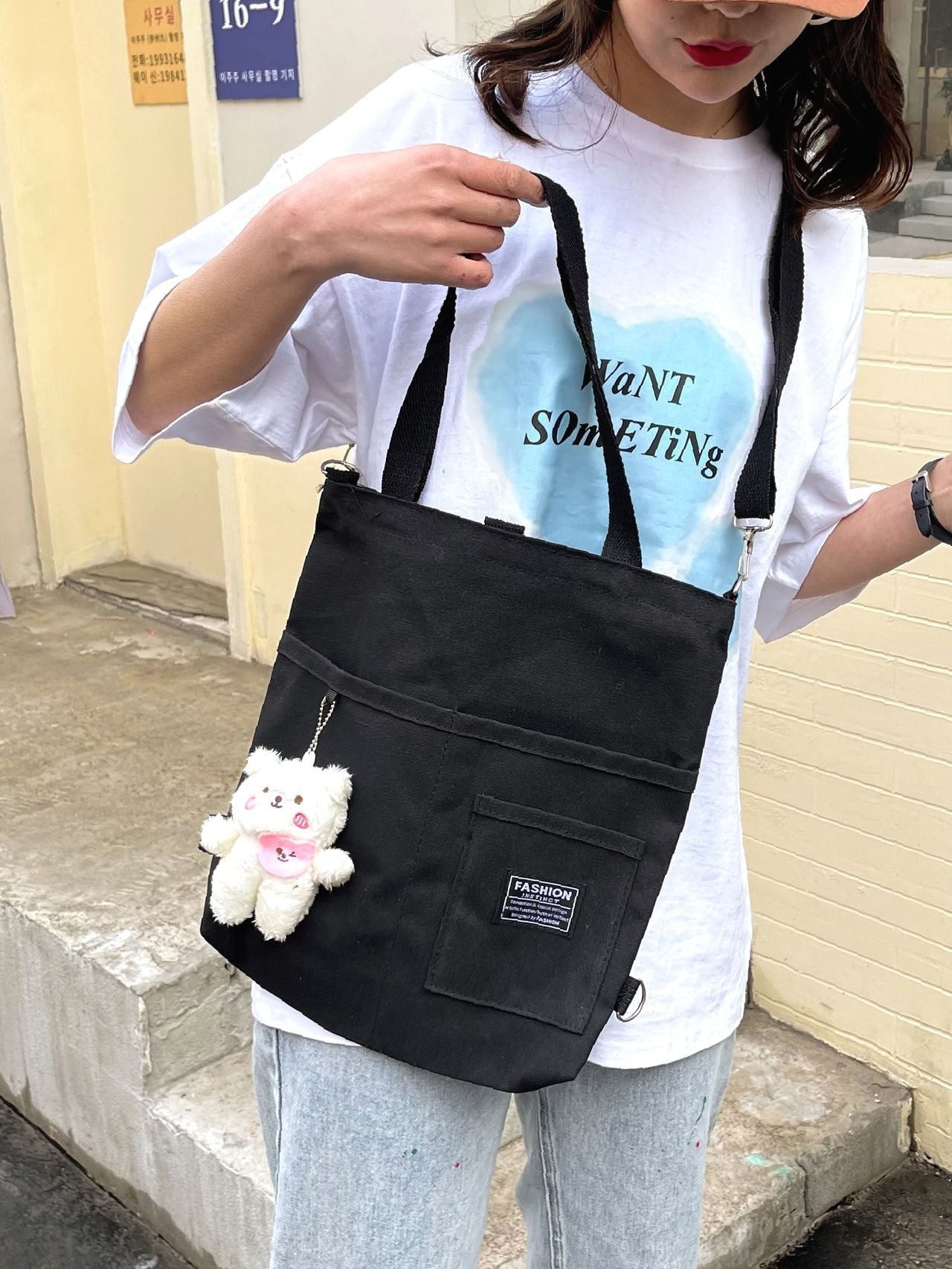 Maxct - Letter Graphic Shopper Bag with Bag Charm  - Women Tote Bags