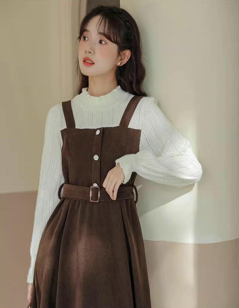 Corduroy Knit Belted Twofer Midi Dress Maxct