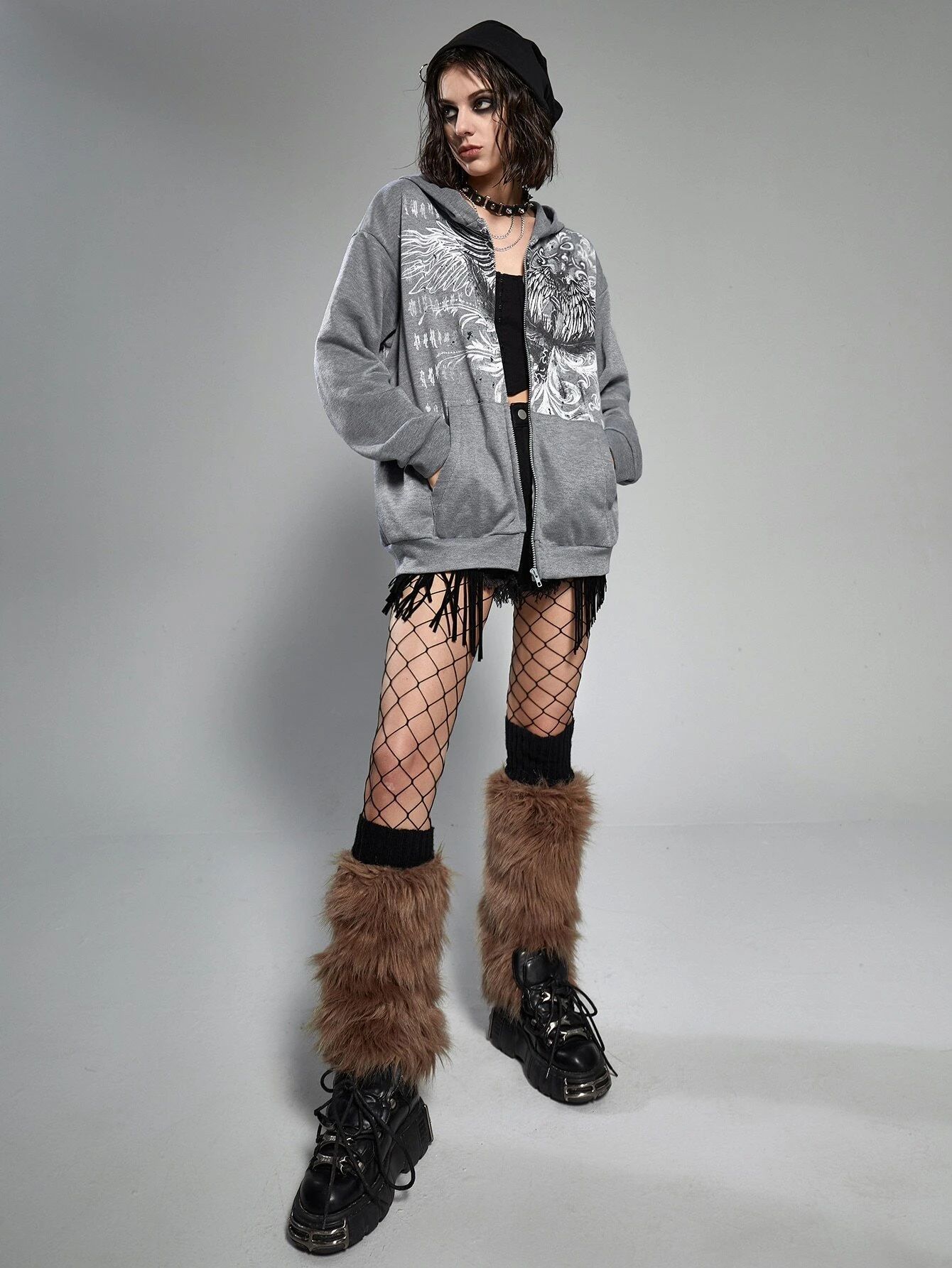Zipper cardigan hooded European and American style Y2K retro loose version personalized street eagle print women's sweatshirt