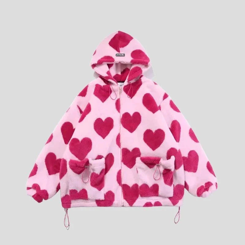 Student Hoodie Cotton Women's Hearts Print Fur Jacket Maxct