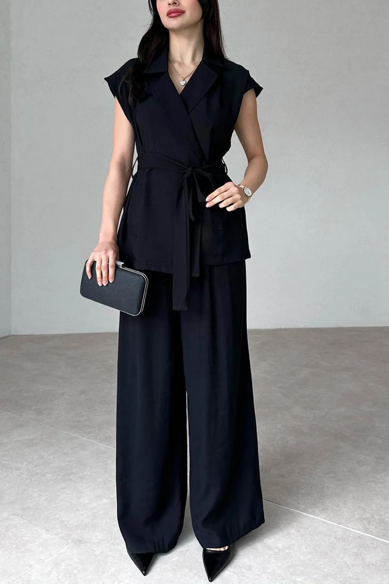 Maxct Cap Sleeve Tie-waist Suit Pants Set