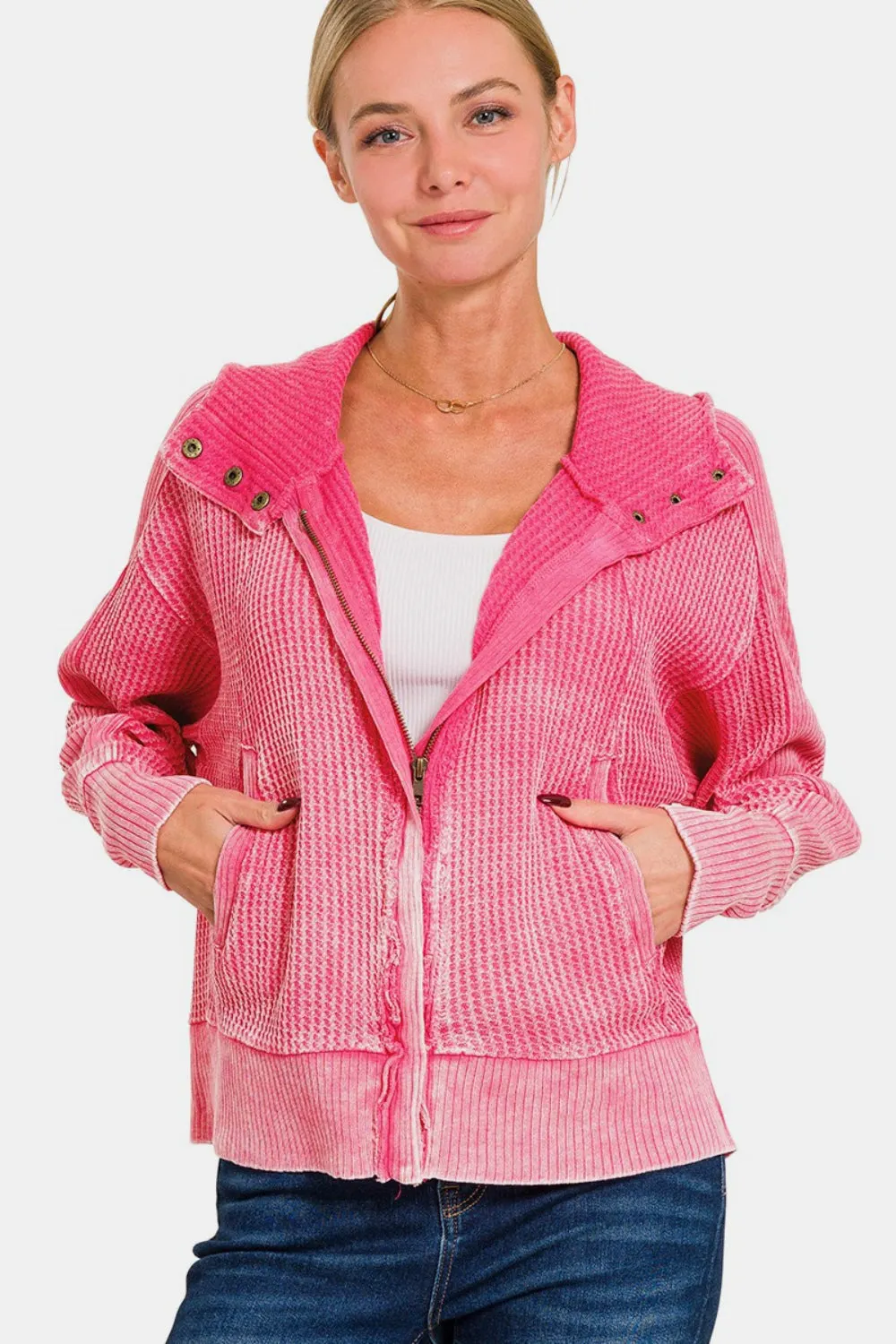 Maxct &Zenana Washed Zip Up Hooded Jacket