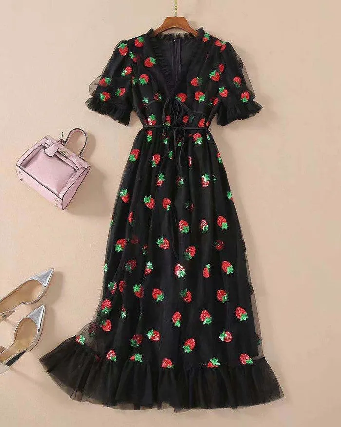 Sequined Strawberry Mesh Pleated Maxi Dress Maxct