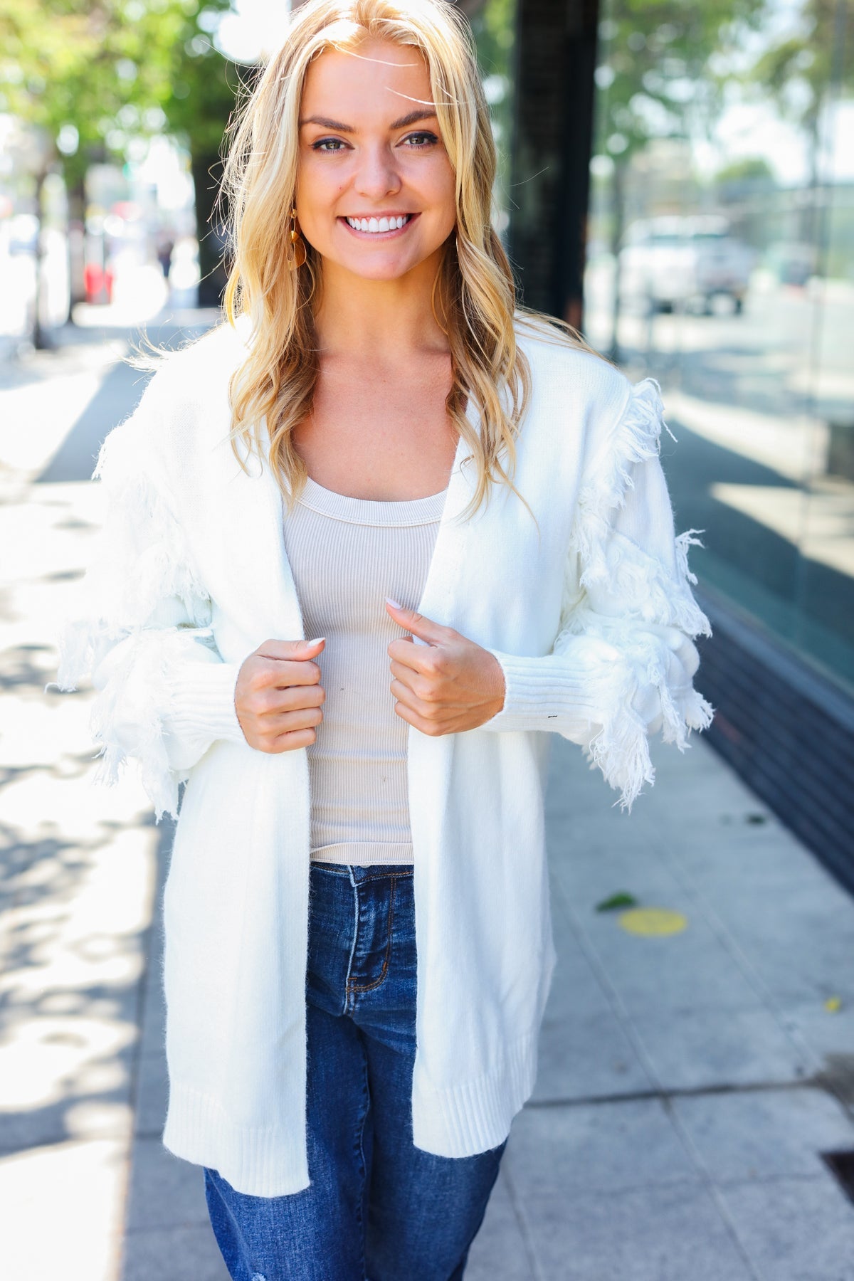 Maxct &Beautiful You Ivory Fringe Detail Knit Cardigan