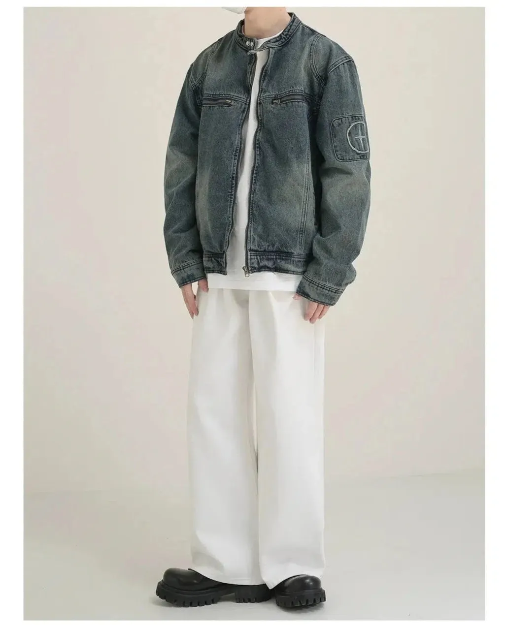 Maxct Zip Washed Stand Collar Denim Jacket