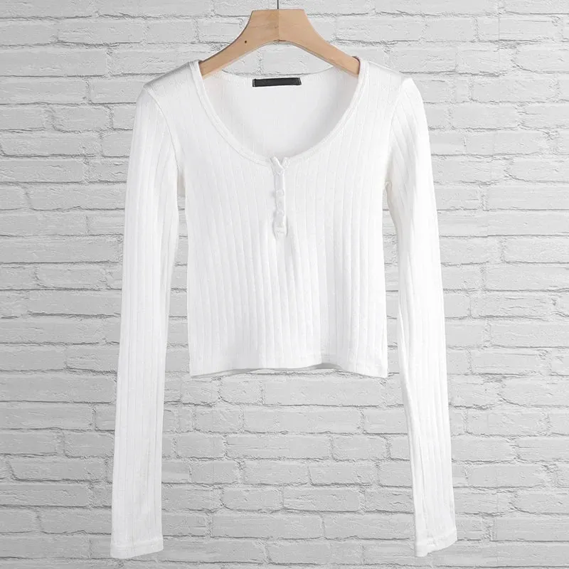 Maxct Chic Women Sweet Floral Hollow Out T-shirt Ribbed Cotton Long Sleeve Basic Tees Autumn Button Up Slim Fit Crop Top Clothes