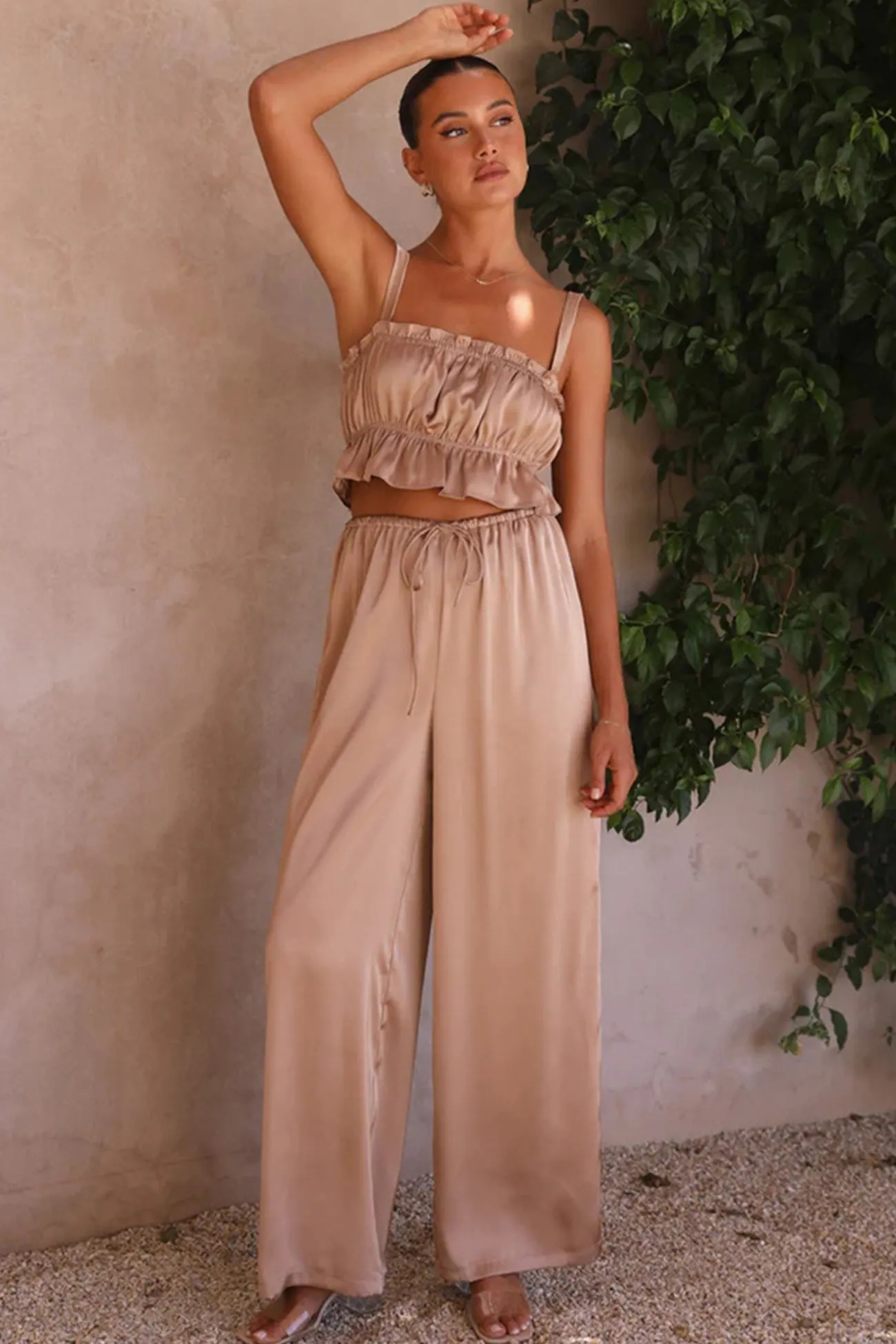 Maxct Smocked Ruffle Cami Crop Top Wide Leg Long Pants Set
