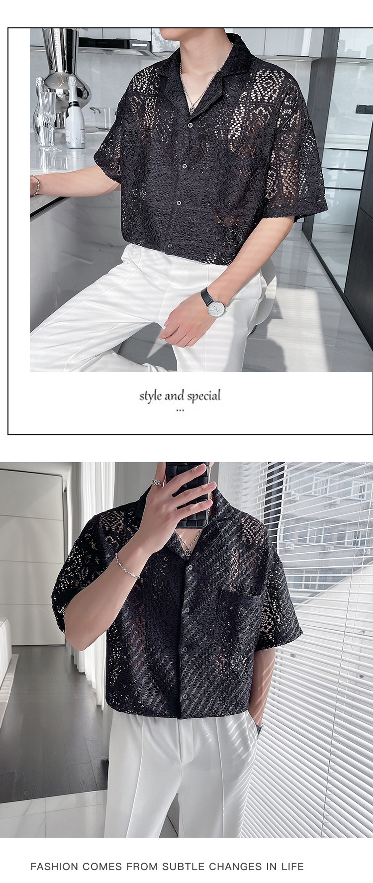 Summer New Casual Hollow Out Shirts Men Sexy See Through Breathable Shirt For Mens Fashion Solid Color Lapel Buttoned Cardigans