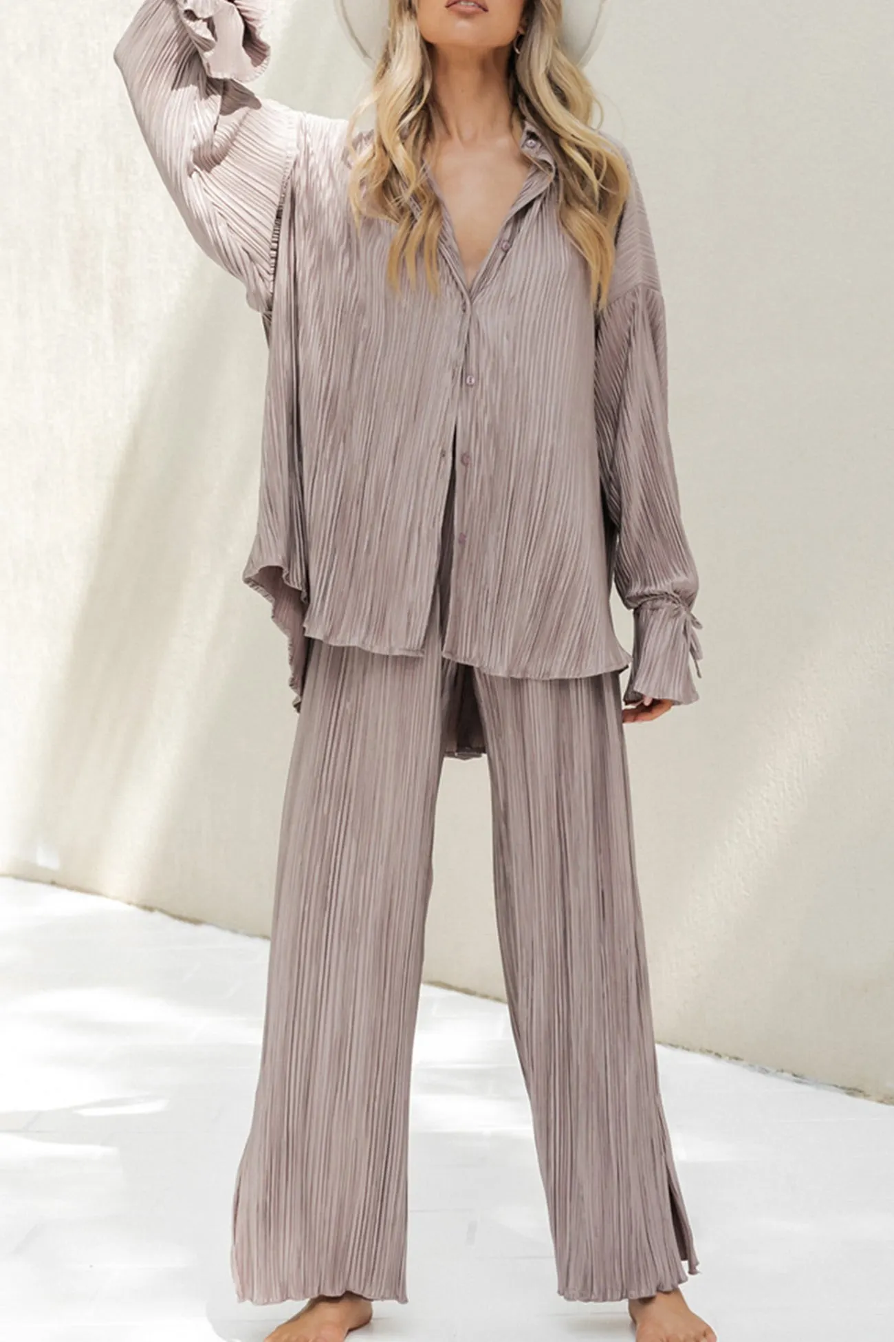 Maxct Pleated Blouse Slit Long Pants Set