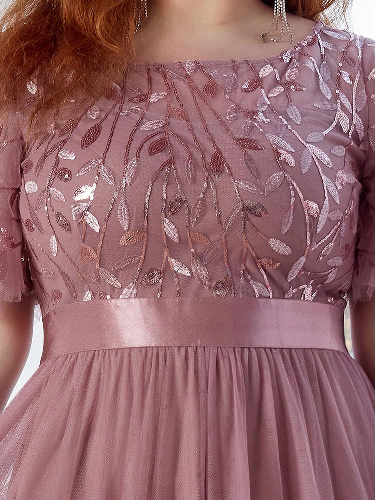 Leaf Sequin Bodice Mesh Party Dress Maxct