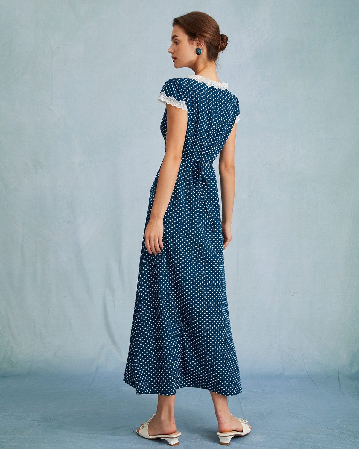 Maxct The Navy V Neck Polka Dot Lace Ruched Maxi Dress