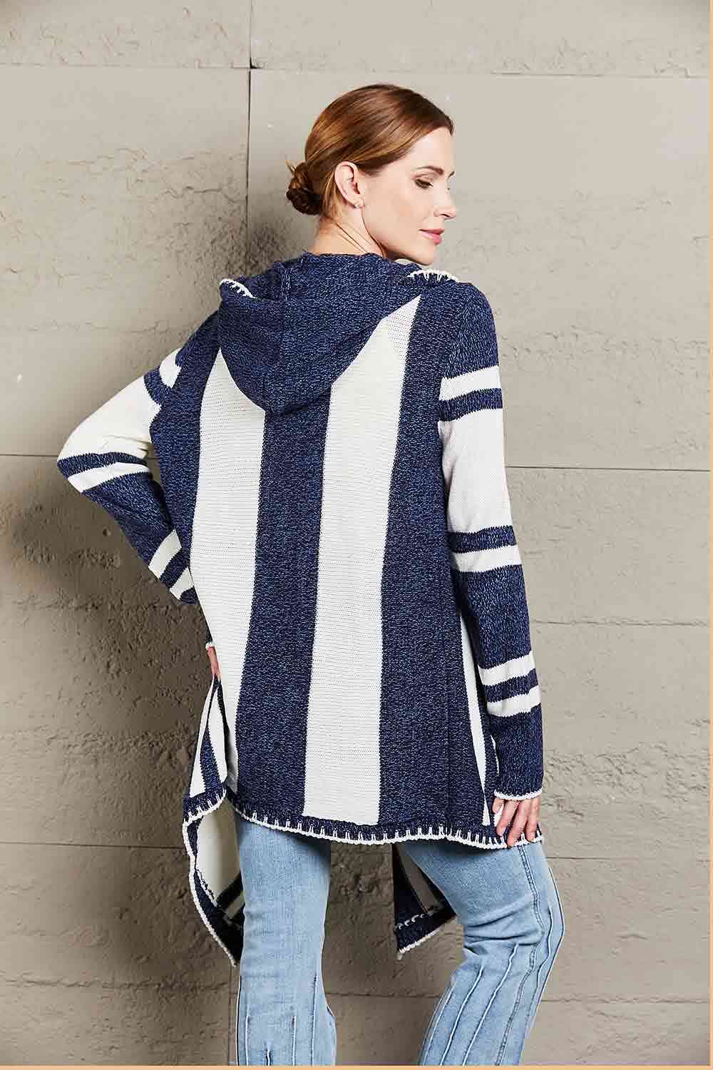 Maxct &Woven Right Striped Open Front Hooded Cardigan