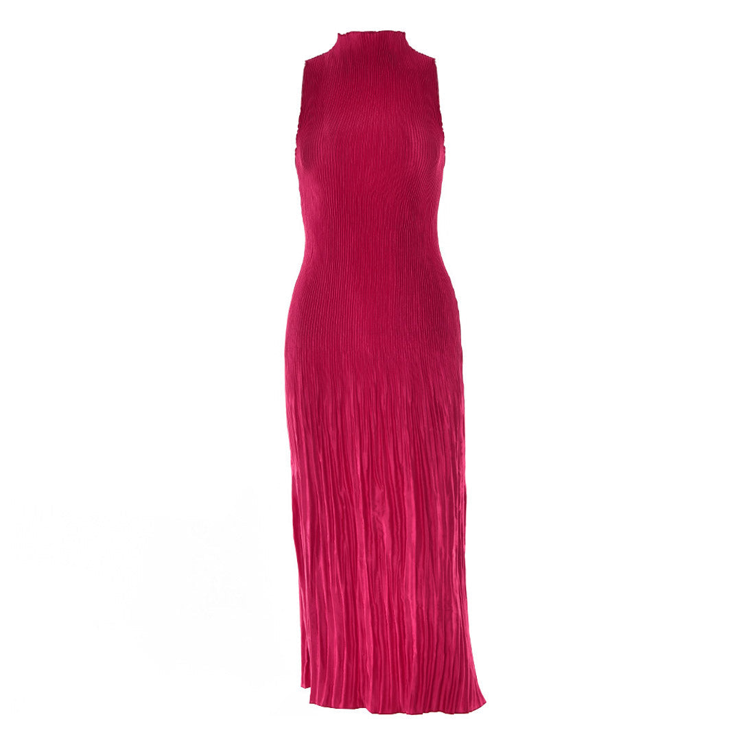 Pleated High Neck Sleeveless Party Midi Dress - Burgundy Maxct
