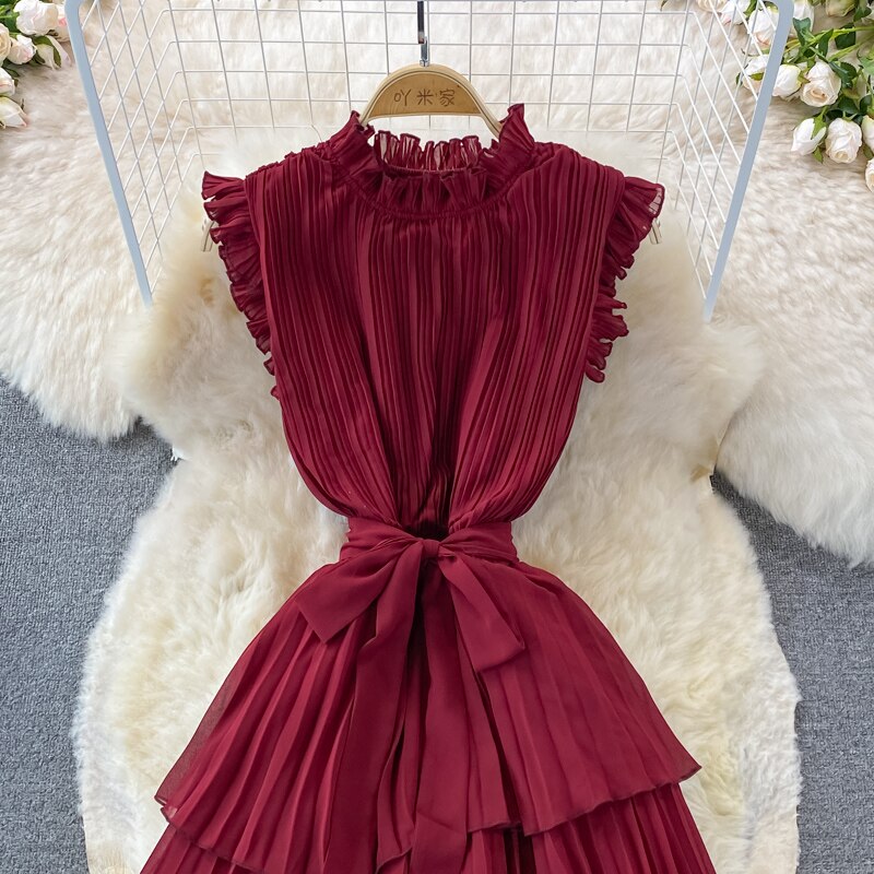 Women's Purple/Pink/Green Draped Dress Vintage Ruffle Stand Collar Sleeveless High Waist Party Pleated Vestidos Female New