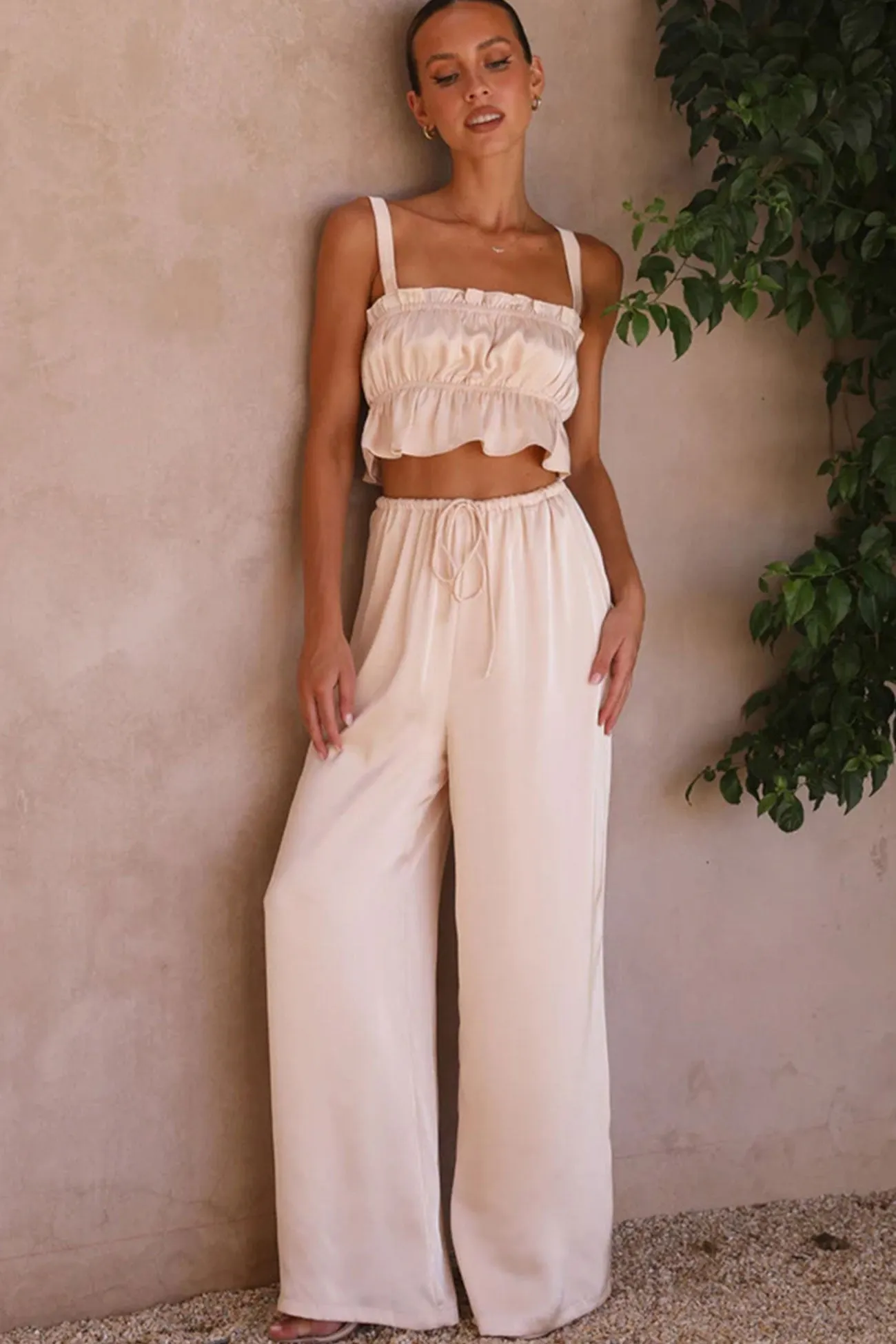Maxct Smocked Ruffle Cami Crop Top Wide Leg Long Pants Set