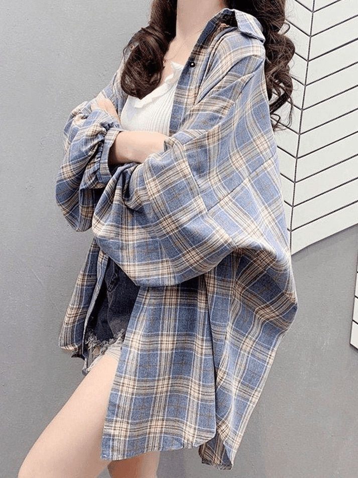 Maxct Checkered Baggy Long Sleeve Button Blouse