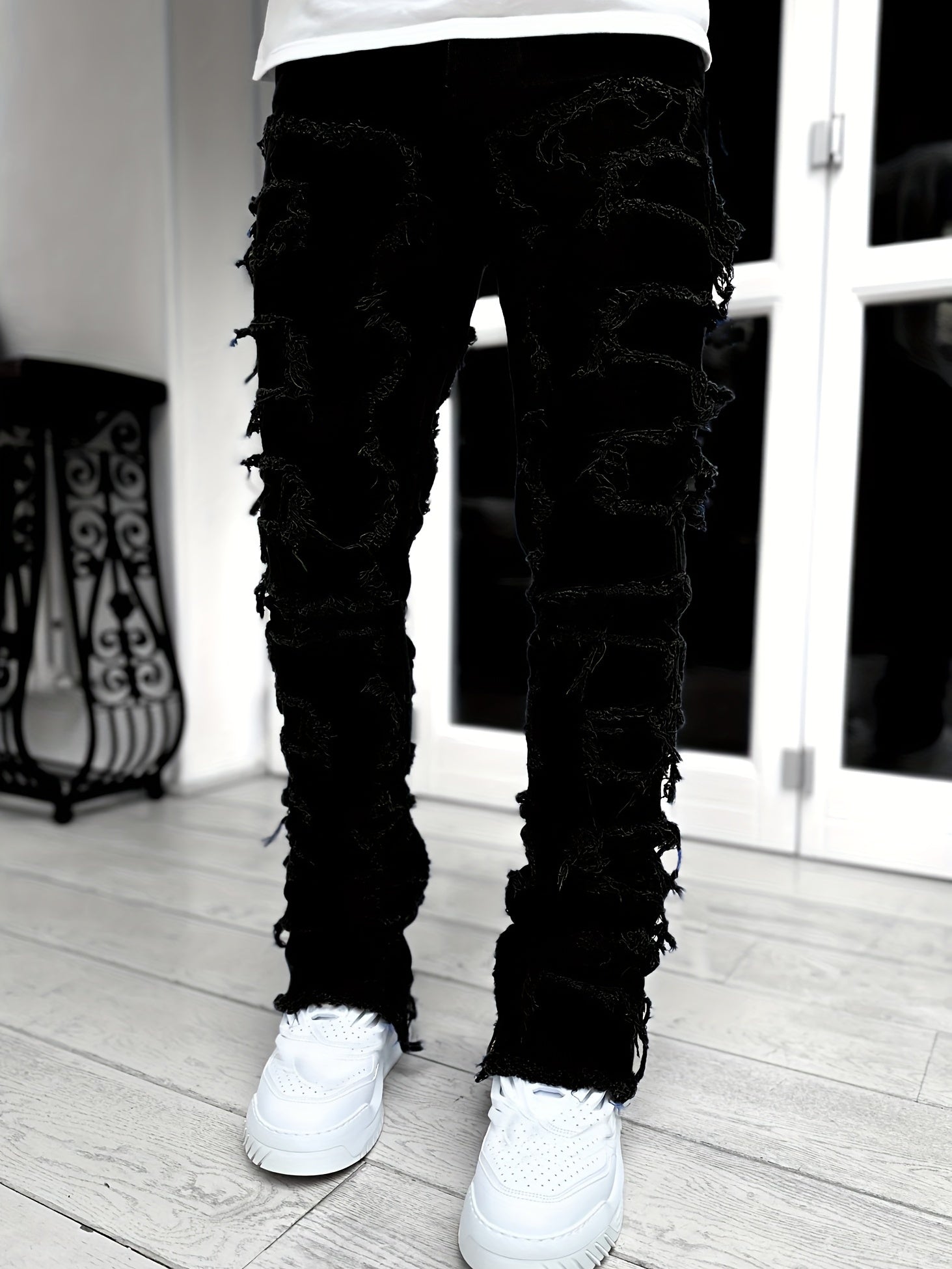 Maxct Creative Tassels Decoration Straight Fit Jeans, Men's Casual Medium Stretch Street Style Denim Pants For All Seasons