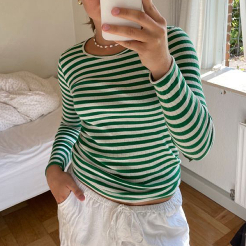 Vintage Preppy Style Y2K Crop Tops Clothes Cottage Striped Rib Knitted T-shirt Women Long Sleeve Casual Basic Tees Pullovers