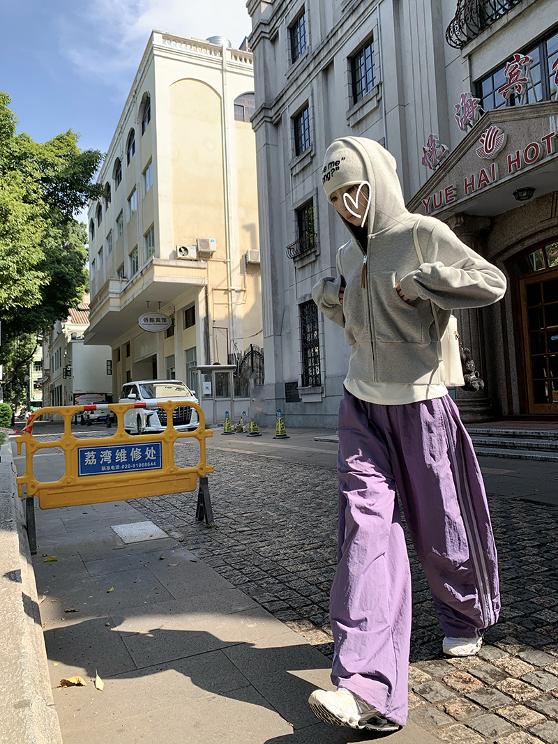 Grey Cropped Hoodies Zip Up Long Sleeve Sweatshirt Cardigan Oversized Autumn Fashion Wide Leg Track Pants Two Piece Sets