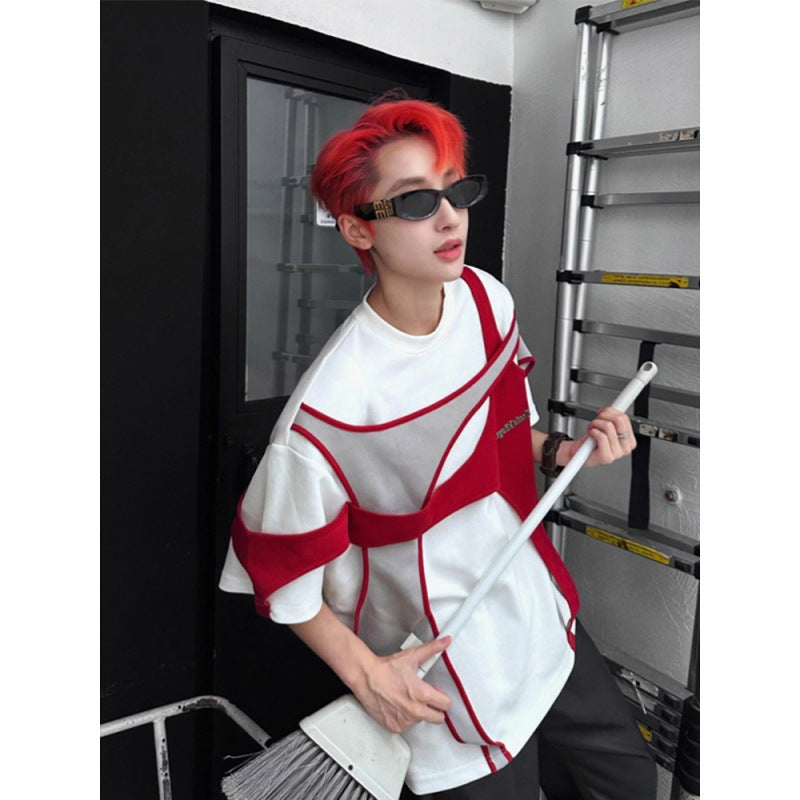 Maxct classy mens fashion American High Street Heavy Deconstruction Stitching Short Sleeve Men's Summer Advanced Design Sense Shoulder Pad T-shirt Niche Couple Half Sleeve