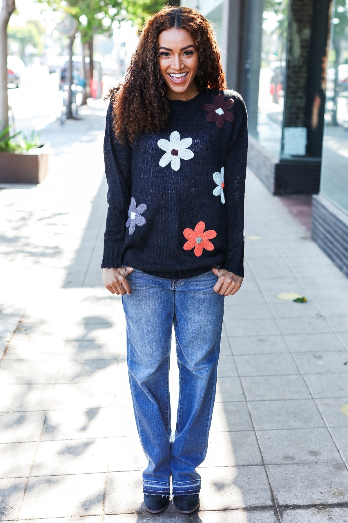 Maxct &Eyes On You Black Flower Patch Oversized Knit Sweater