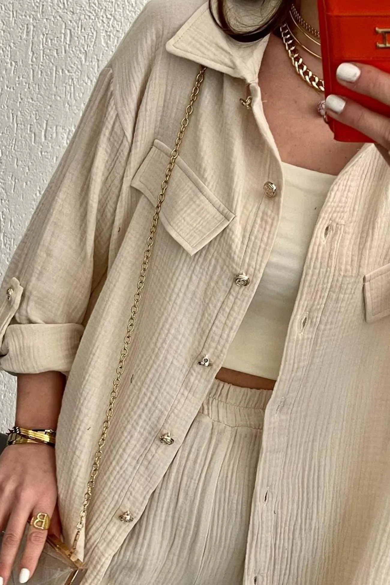 Maxct Long Sleeve Pocketed Slit Shirt Long Pants Suits