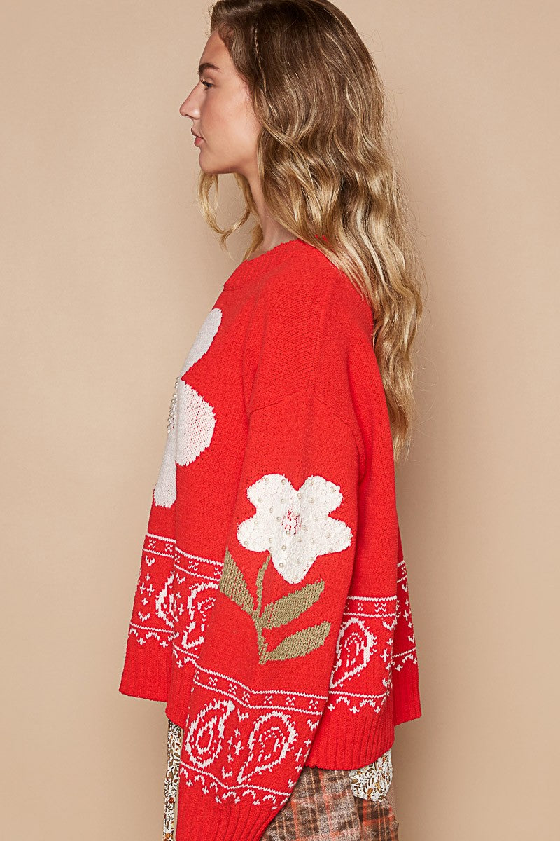 Maxct &POL Flower Lace Patch Long Sleeve Sweater