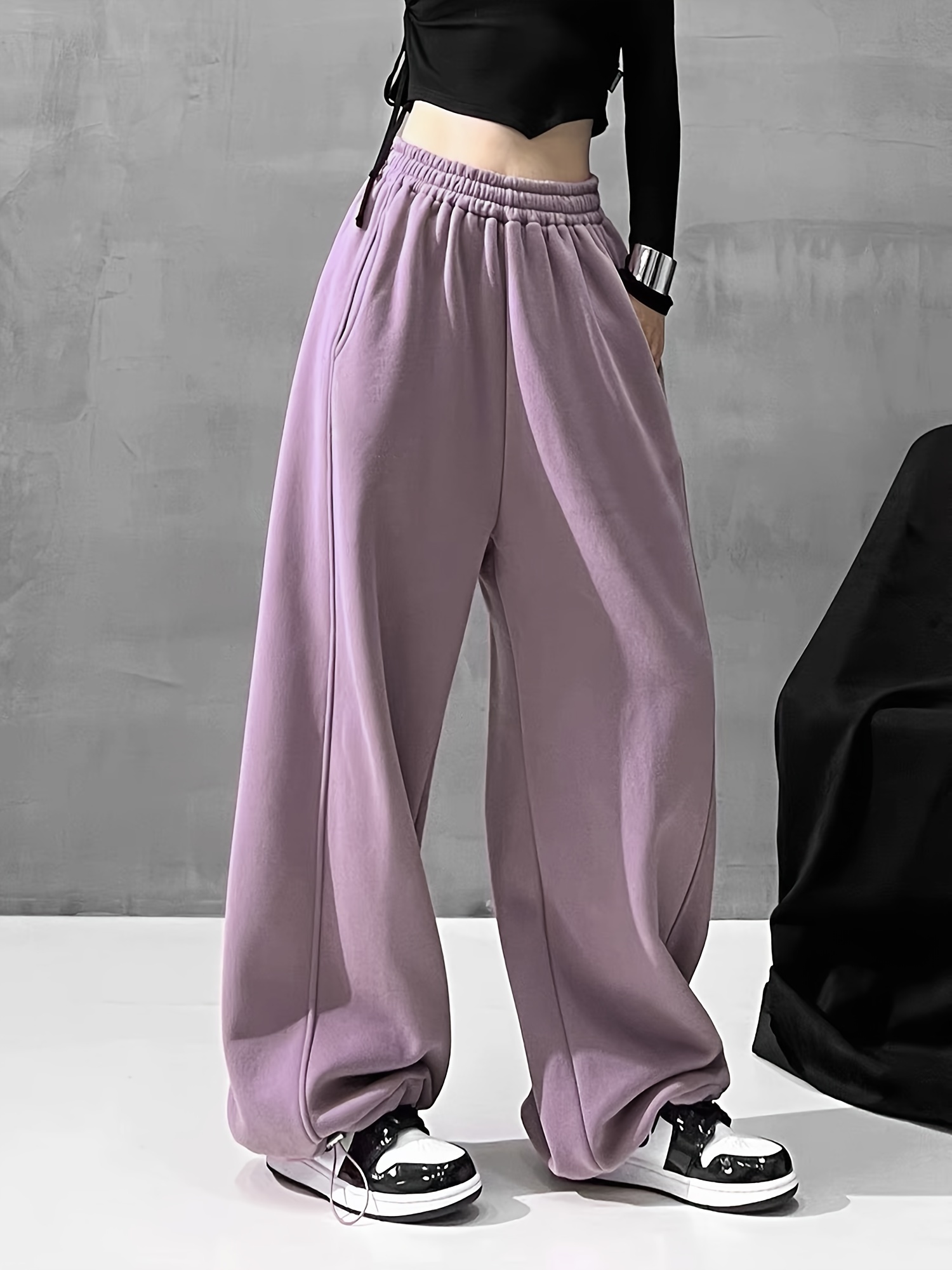 Solid Comfy Wide Leg Pants, Casual Elastic Waist Loose Pants With Pocket, Women's Clothing