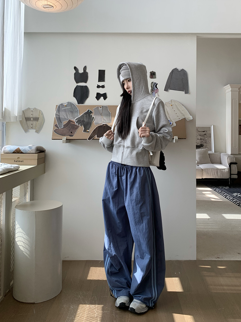 Grey Cropped Hoodies Zip Up Long Sleeve Sweatshirt Cardigan Oversized Autumn Fashion Wide Leg Track Pants Two Piece Sets