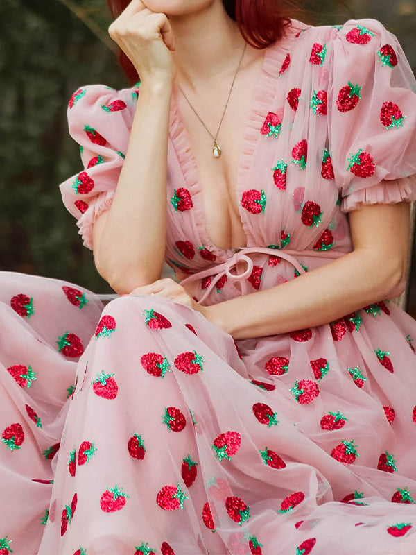 Sequined Strawberry Mesh Pleated Maxi Dress Maxct