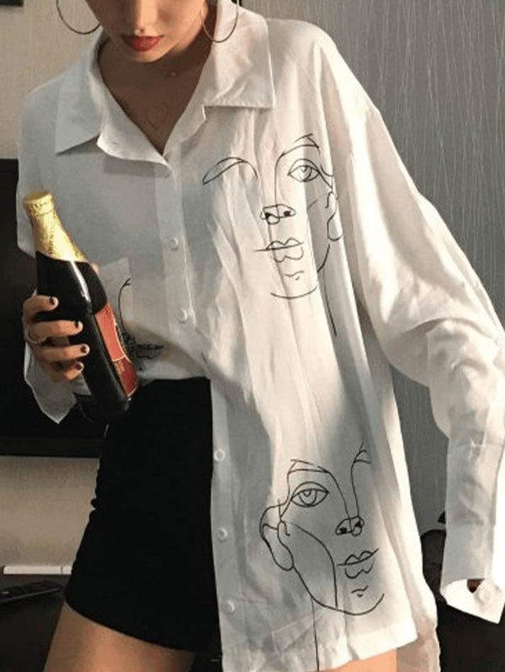 Maxct Abstract Face Print Long Sleeve Blouse