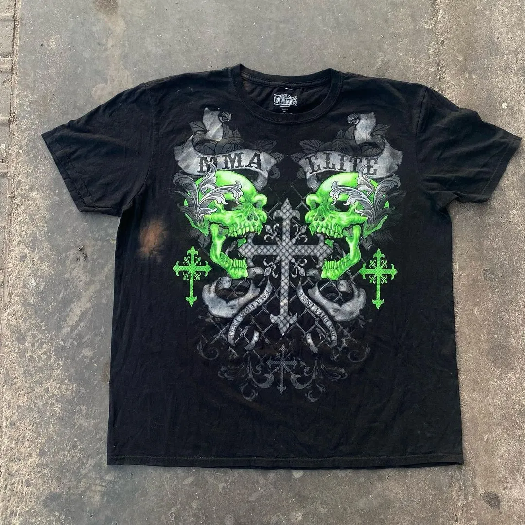 Gothic Trend Culture Oversized Anime Cross Print T-Shirt Men's Loose Cotton Top Y2K Harajuku Streetwear Summer T-Shirt Women
