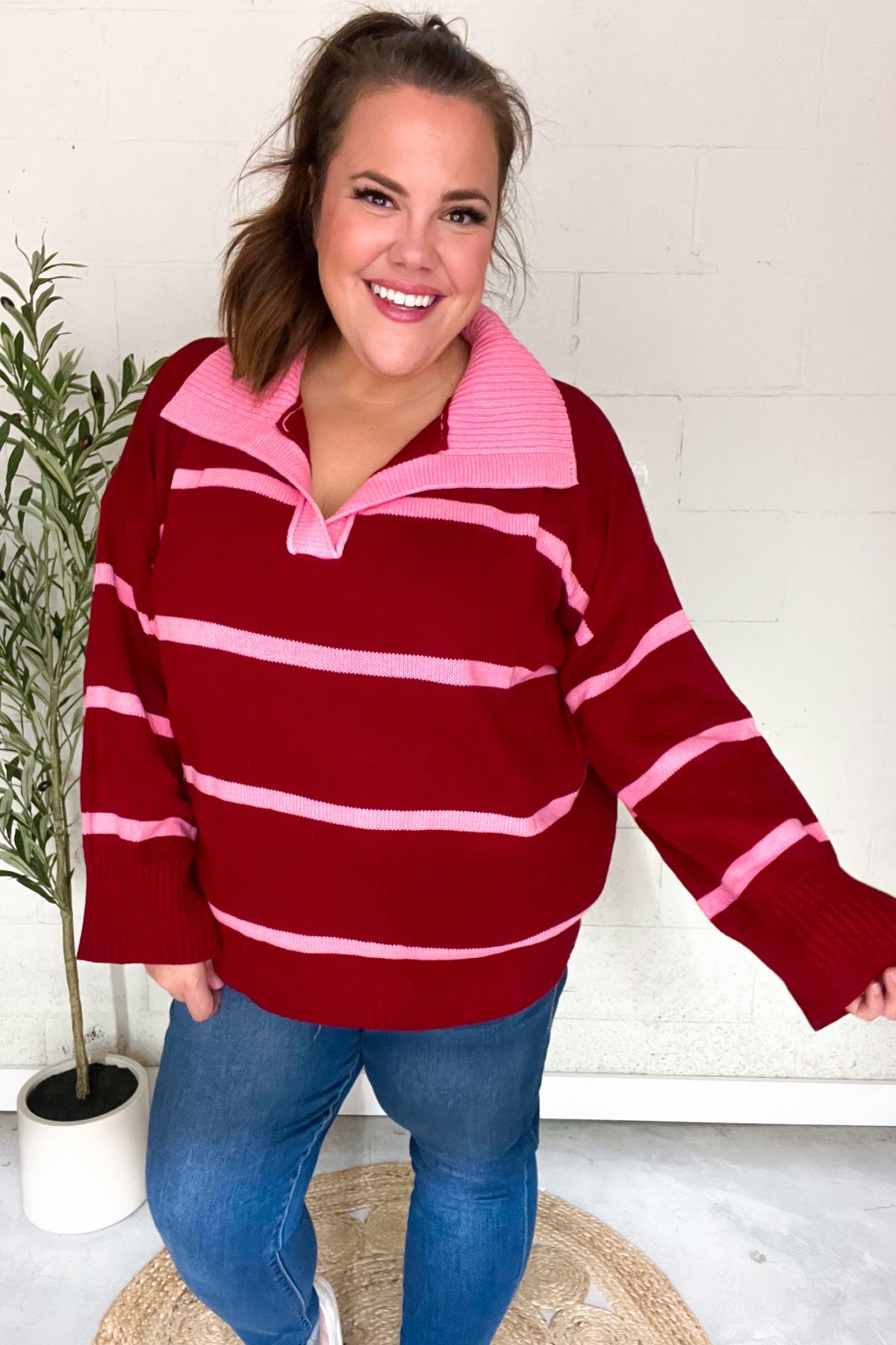 Maxct &Fall For You Crimson Stripe Notched Neck Collared Oversized Sweater