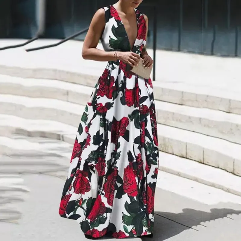 Maxct Summer Autumn Long Dress Fashion Retro Floral Print Sleeveless Holiday Dress Sexy Women Deep V Neck Elegant Party Dress