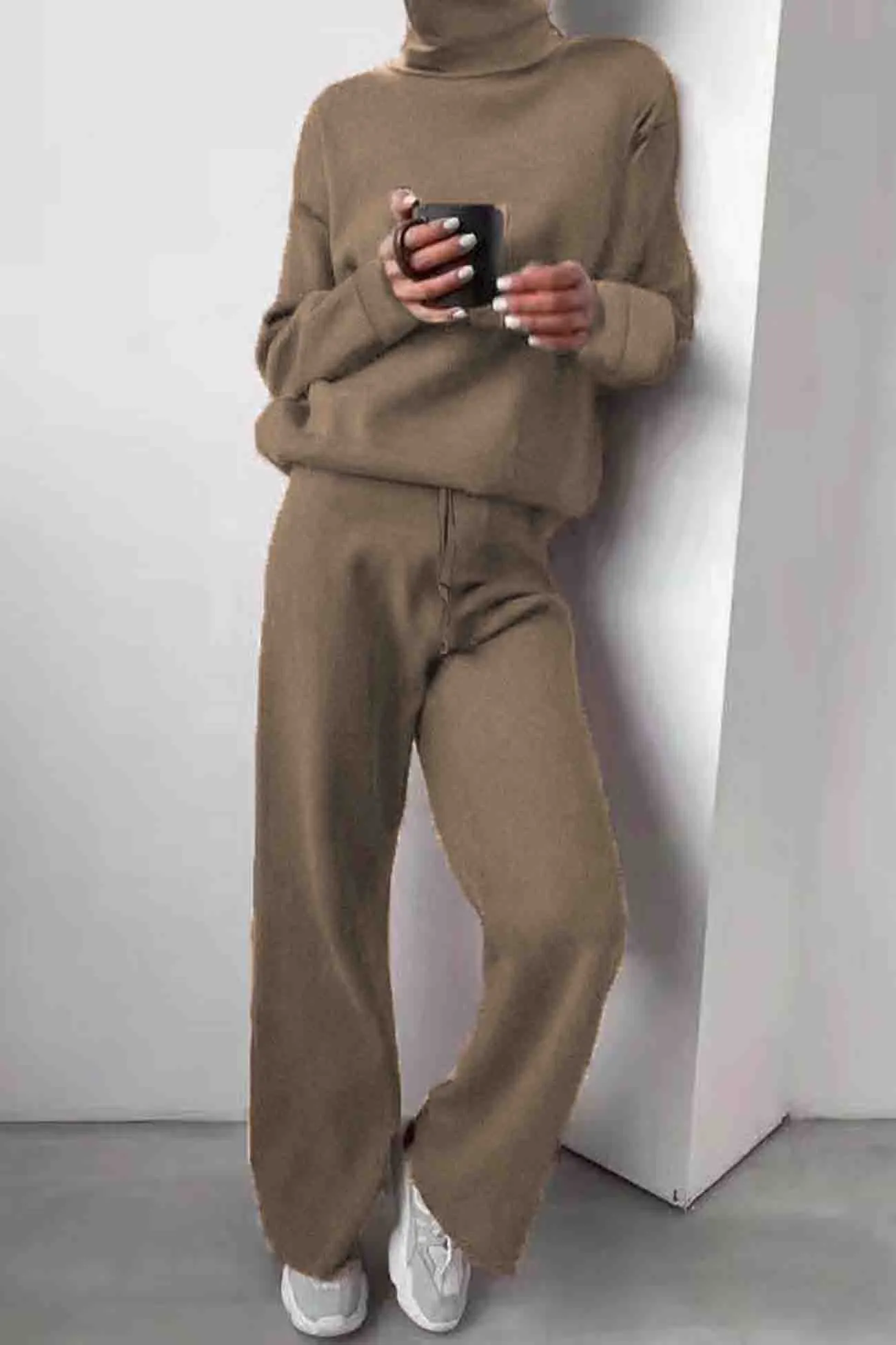 Maxct Solid Turtleneck Long Sleeve Long Pant Knitted Set