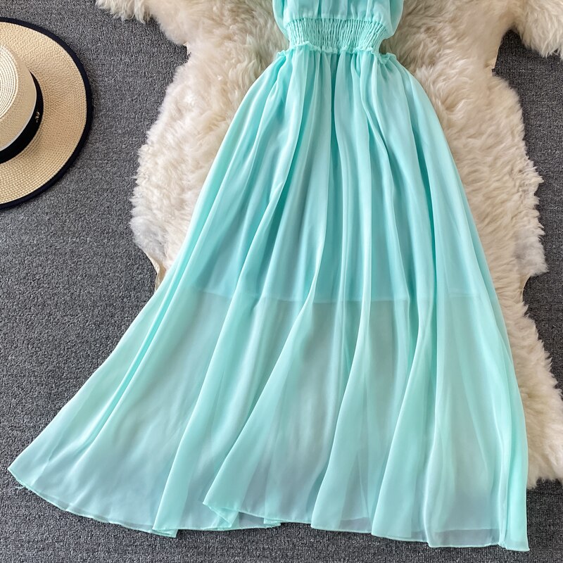 Chiffon Dress Women Sexy Slash Neck Ruffle Robe Elegant Ruffle High Waist Vestidos Female Beach Vacation New