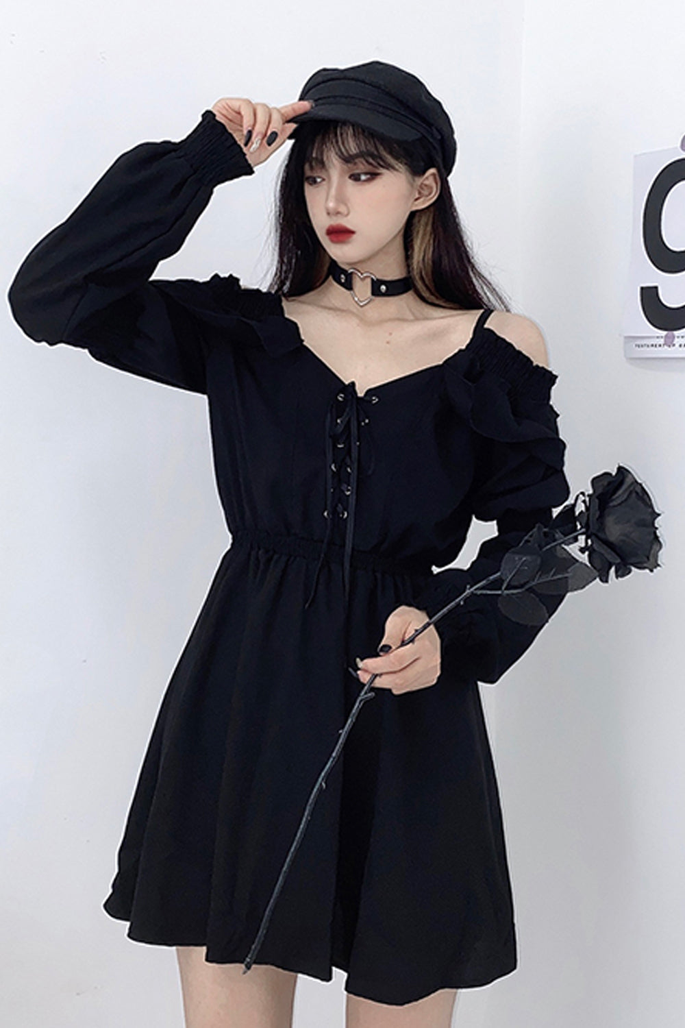 Long Sleeve Off Shoulder Gothic Black Dress Maxct