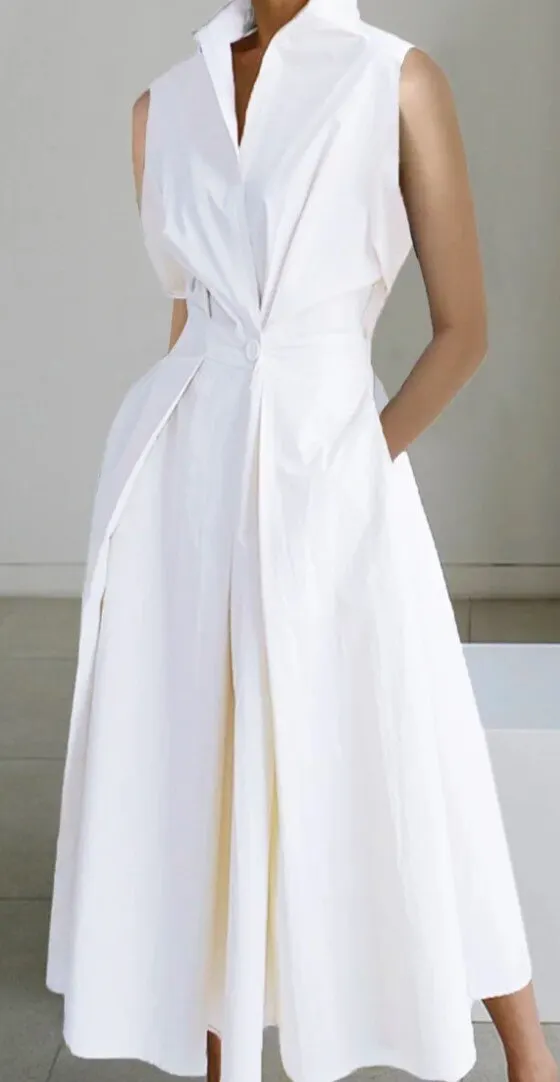 Maxct Dress 2024 Summer New Commuter Fashion Solid Color V-neck Women's Button Swing Dress