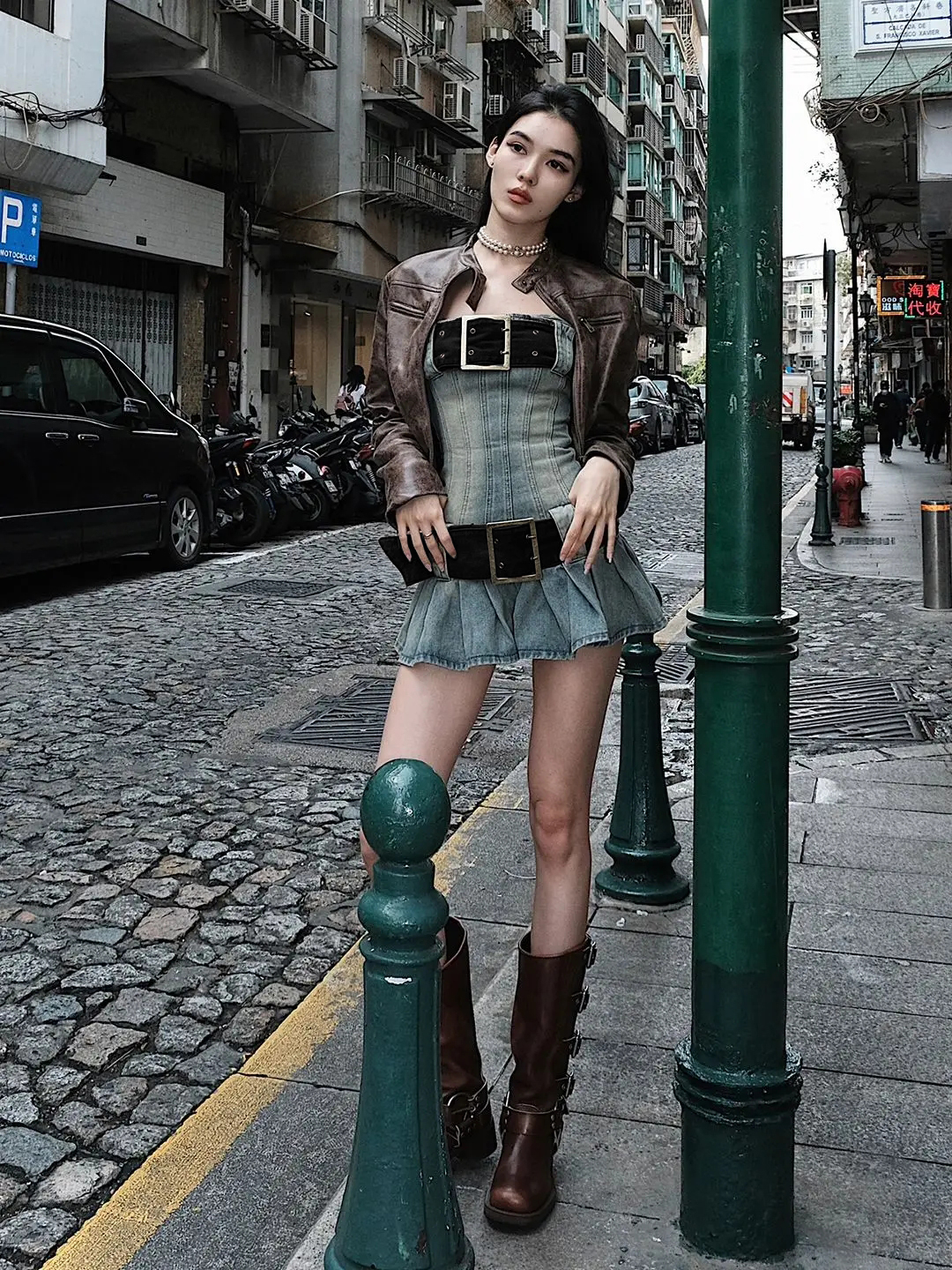 Vintage Y2k Strapless Denim Dress Bodycon Korean Kpop Belt Pleated Mini Dress 2000s Streetwear