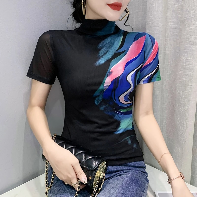 Maxct Summer Women Half Turtleneck Short Sleeve T Shirts Lady Elastic Tops Tees Female Basic Fashion Printing Mesh T-Shirt