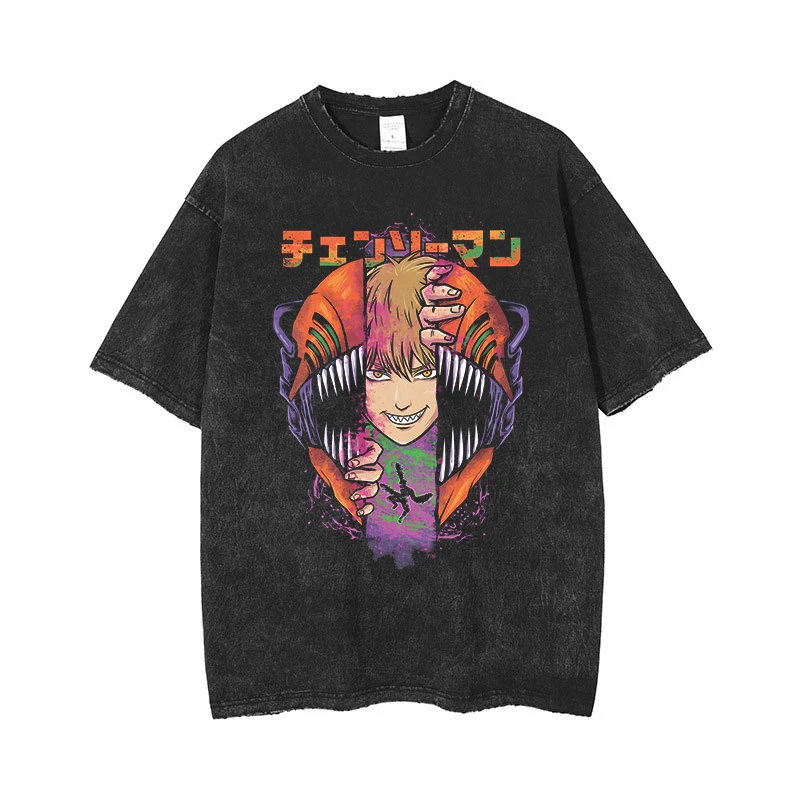 Maxct Anime Chainsaw Man Acid Tshirt Retro Vintage Washed Printed Graphic T Shirt Men Harajuku Cotton Casual Short Sleeve Tshirt Tops