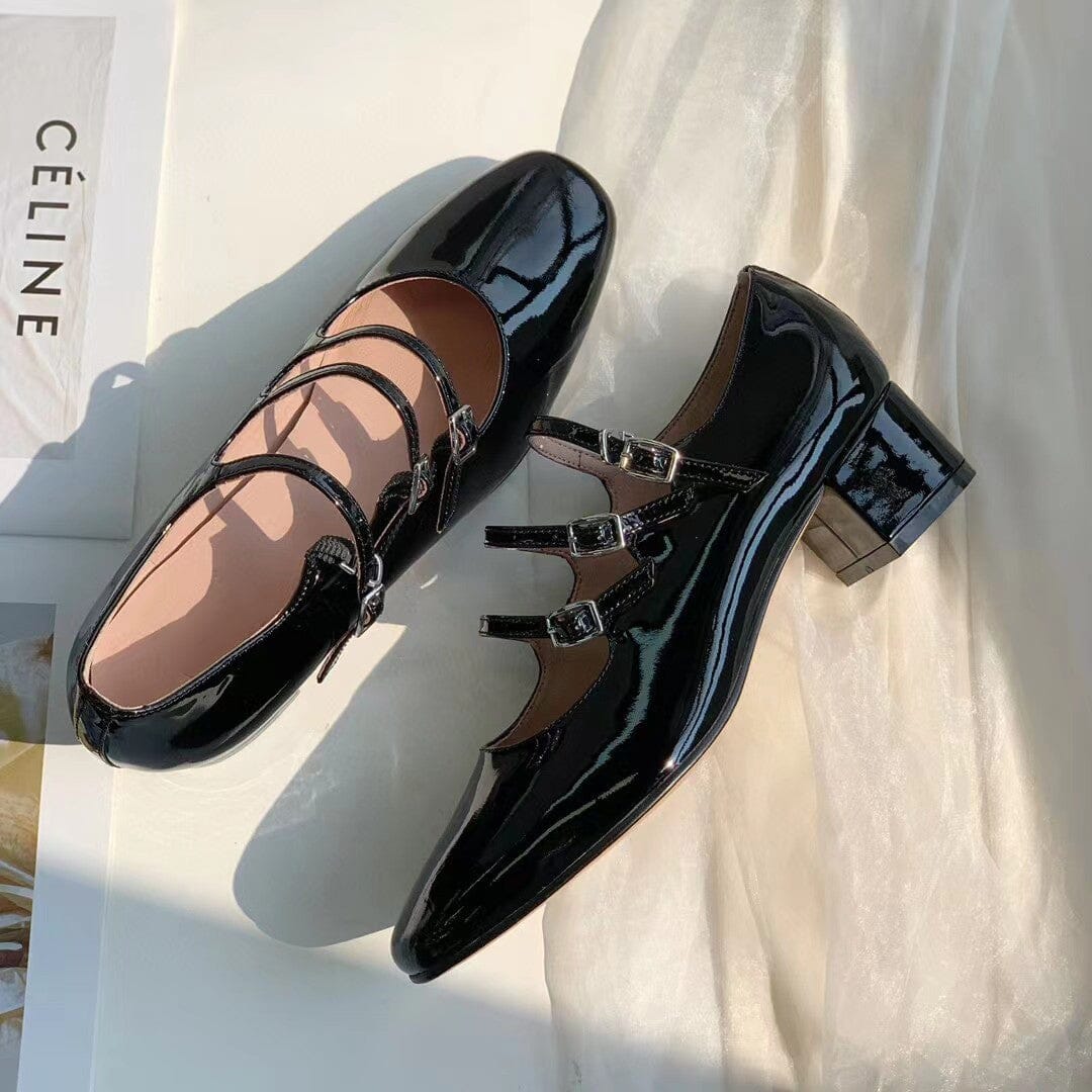 Handmade Mary Jane Shoes 40mm Triple-strap Pumps Block Heel Maxct